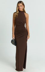 Francis Maxi Dress - Halter Ruched Backless Dress in Dark Chocolate