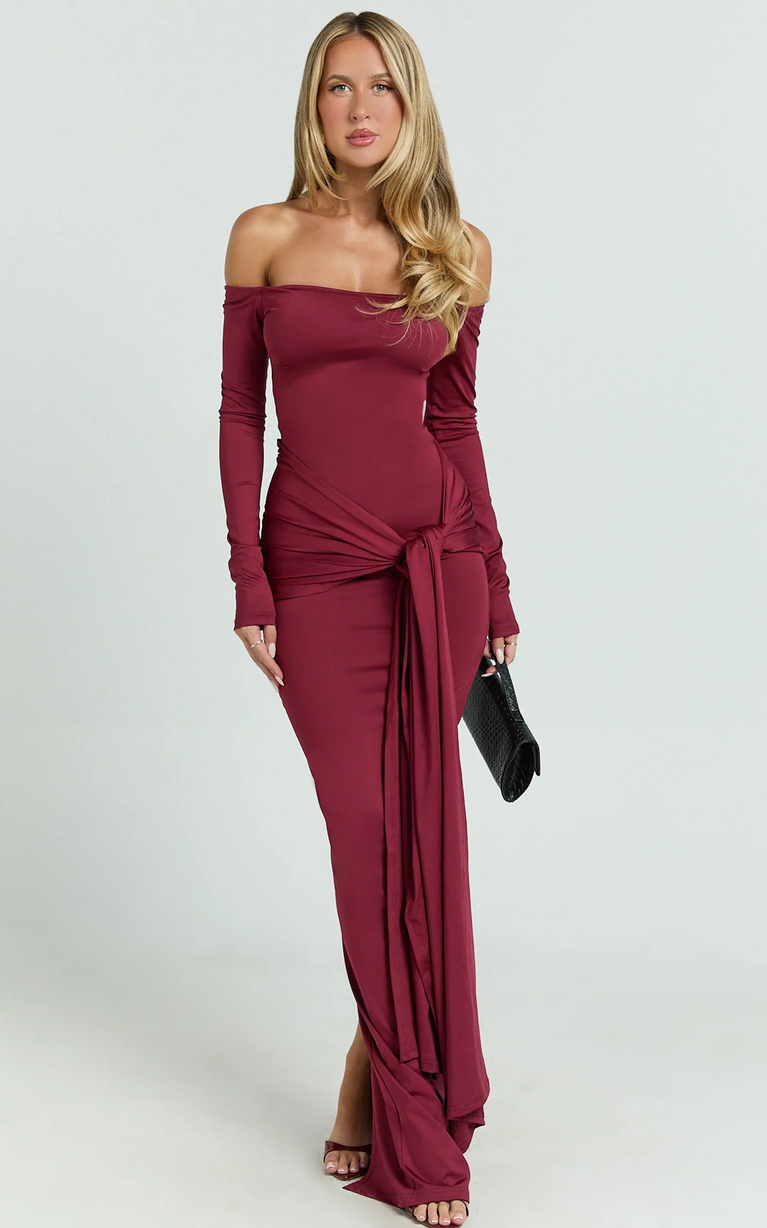 Judith Maxi Dress - Boat Neck Backless Tie Front Long Sleeve Jersey Dress in Wine