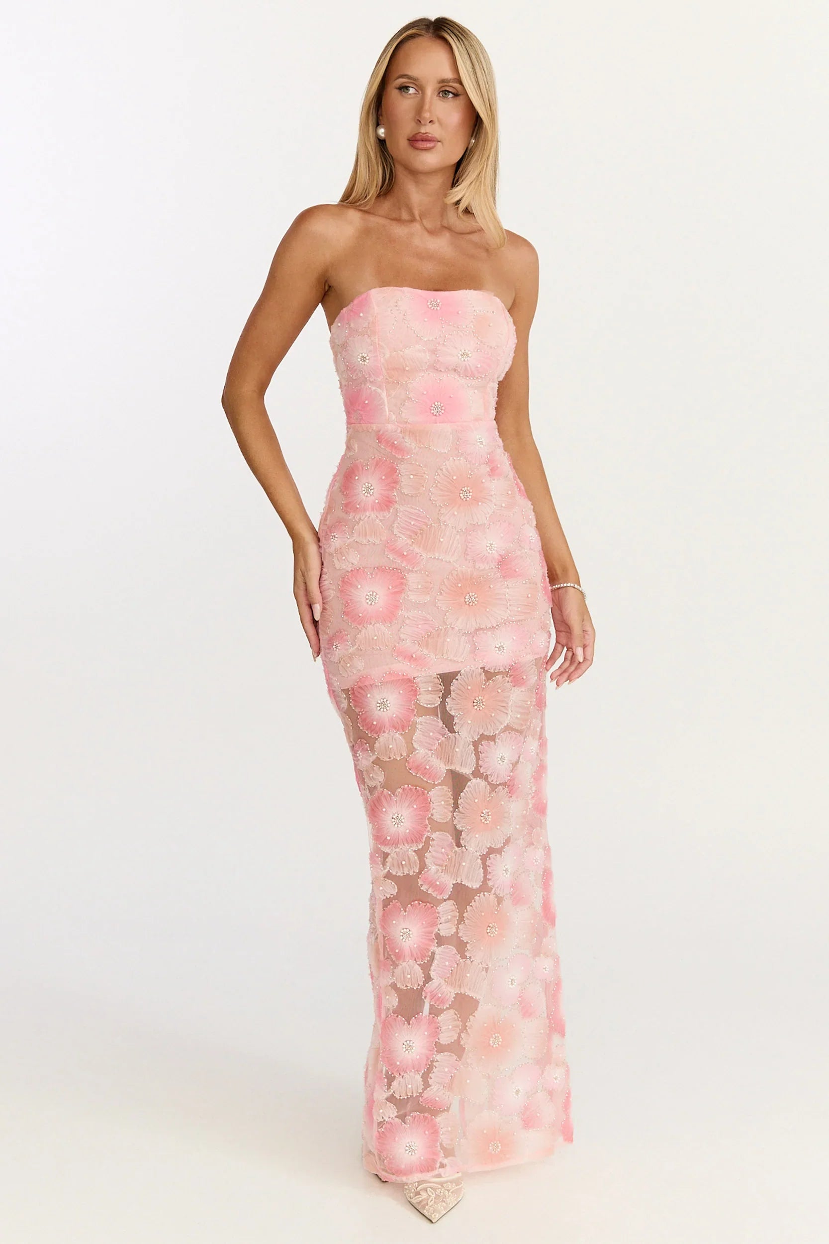 Lima Maxi Dress - Strapless Floral Embellished Column Dress in Pink