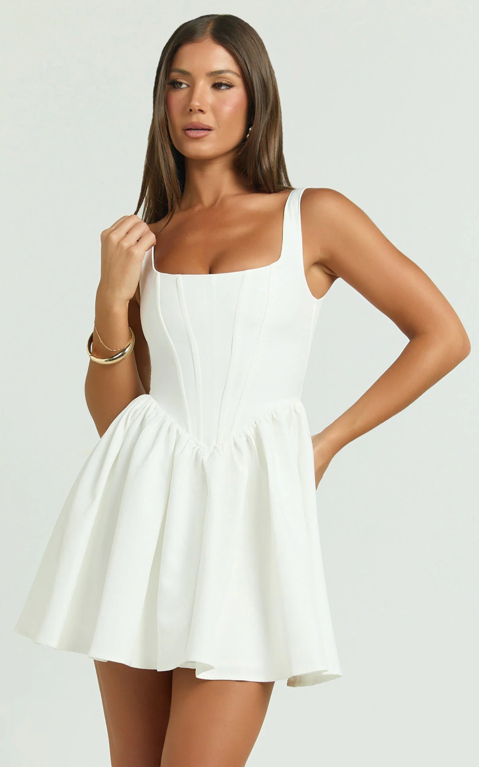 Aimee Mini Dress - Scoop Neck Corset Gathered Dress in White