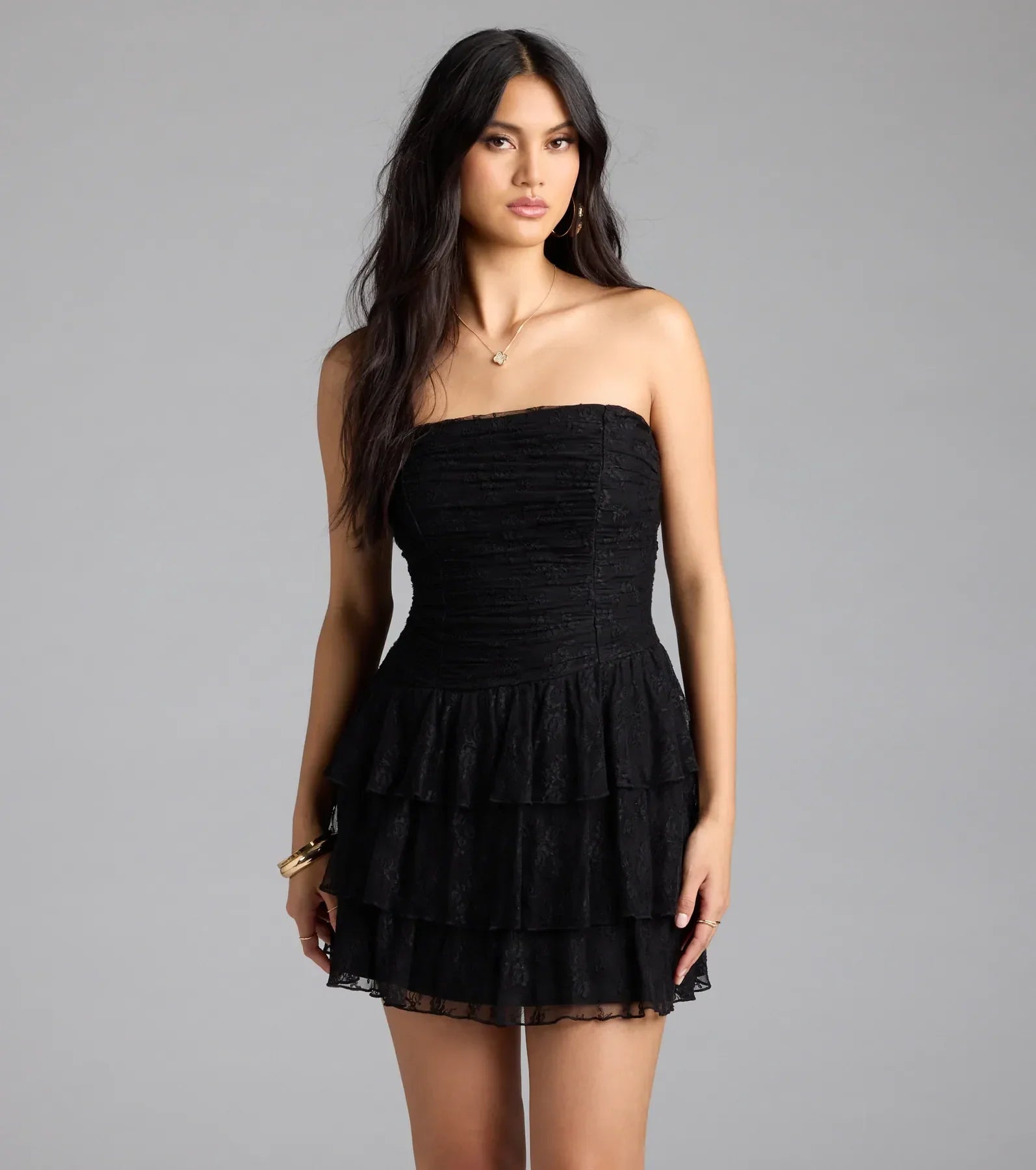 Lovely Nights Strapless Lace Ruffle Skater Dress