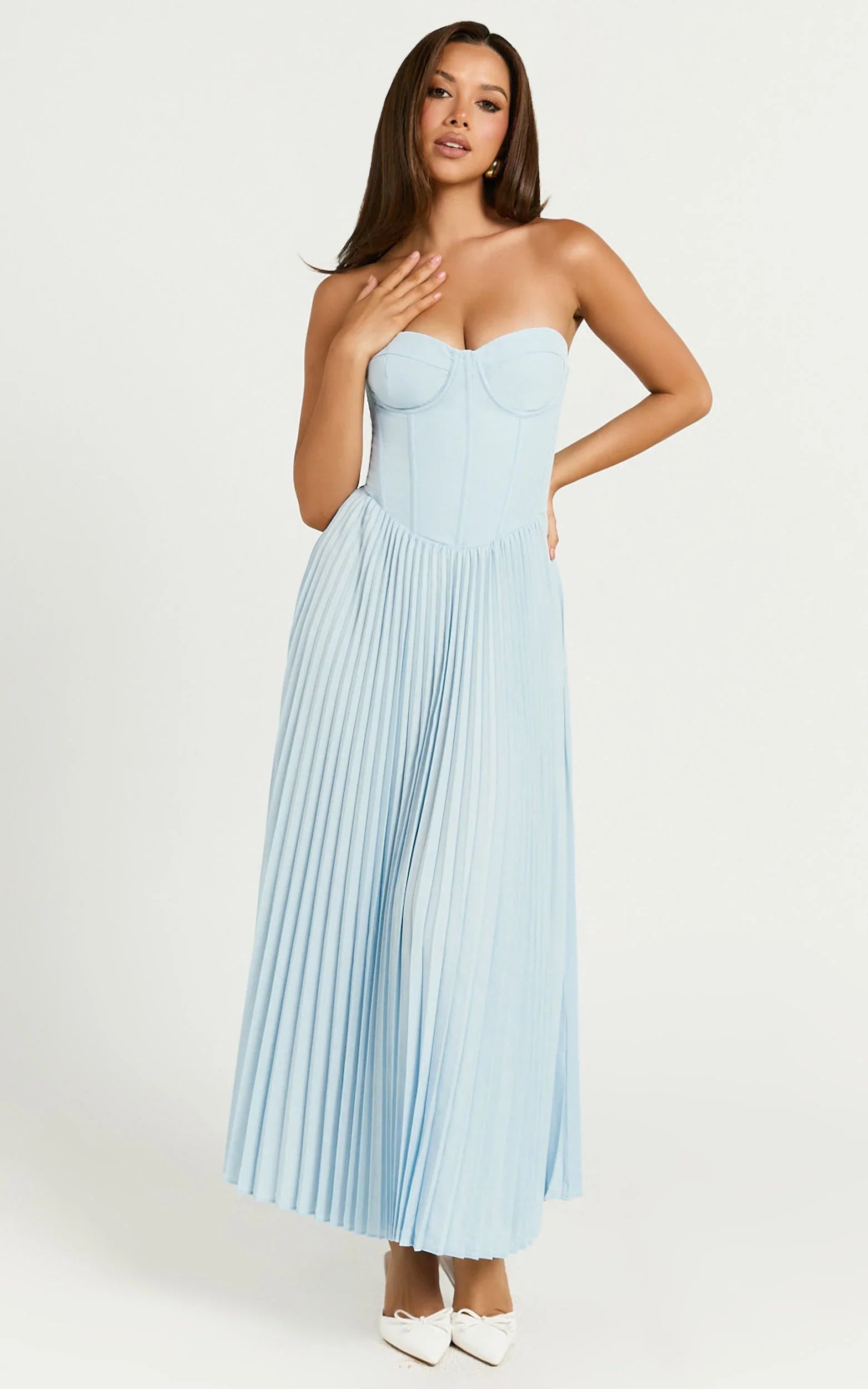 Loretta Midi Dress - Lace Up Back Bustier Pleated Dress in Light Blue